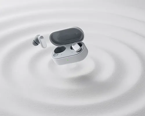Auricolari grigi con custodia aperta su sfondo bianco con onde concentriche.