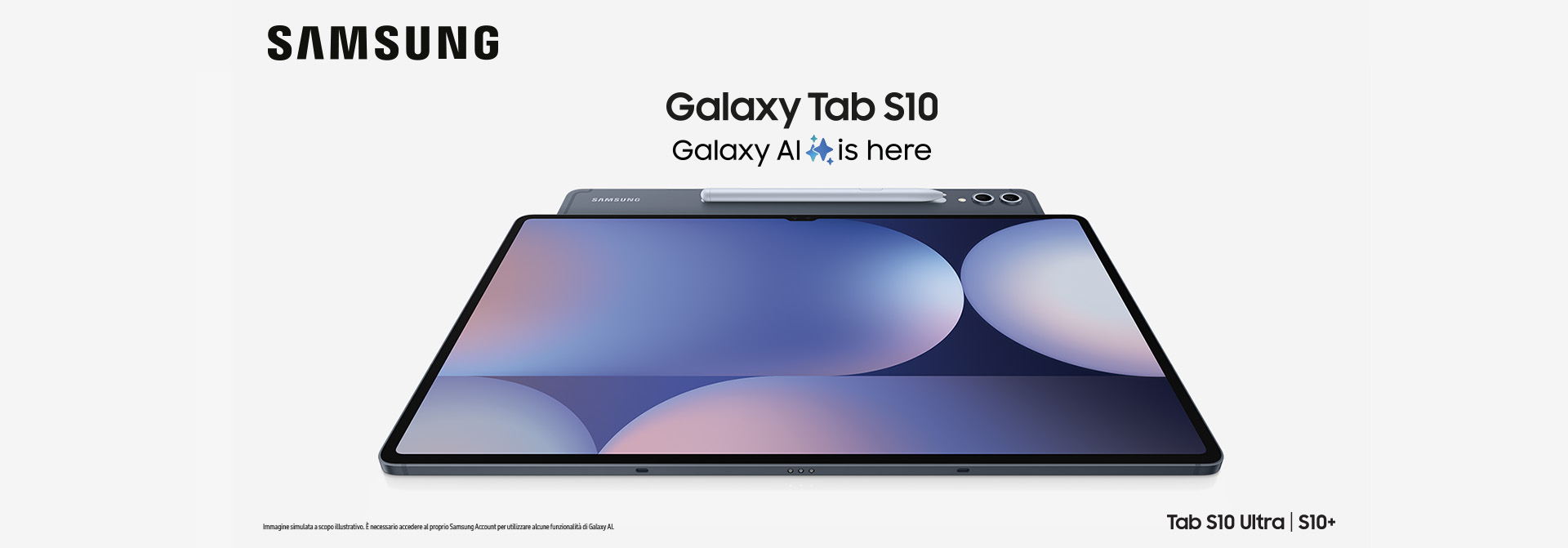 Tablet Samsung con schermo blu, penna grigia appoggiata sopra. Testo "Galaxy Tab S10" e logo Samsung in alto.