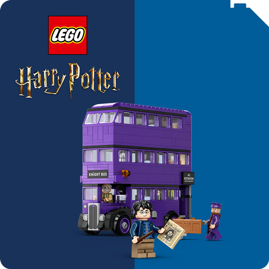 Due minifigure LEGO di Harry Potter con bacchetta e lente d'ingrandimento. Sfondo blu e giallo con logo LEGO e pozione.