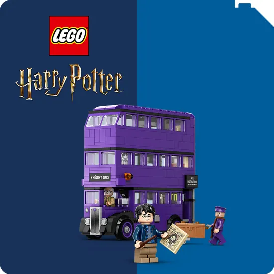 Due minifigure LEGO di Harry Potter con bacchetta e lente d'ingrandimento. Sfondo blu e giallo con logo LEGO e pozione.