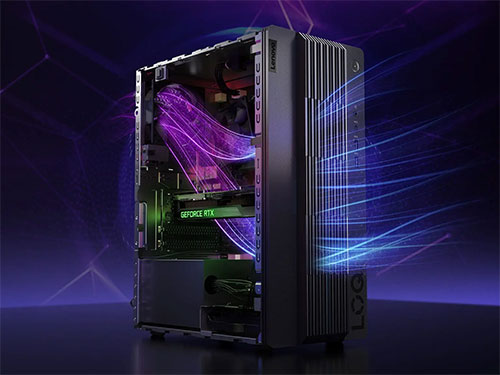 Case di computer nero aperto con componenti interni visibili e illuminazione viola e blu.