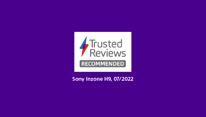 Logo "Trusted Reviews" su sfondo viola, con fulmine rosso/blu. Sotto, testo "Sony Inzone H9, 07/2022".