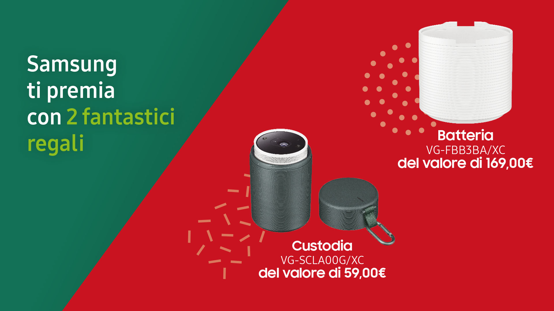 Sullo sfondo verde e rosso, un altoparlante cilindrico grigio scuro, una custodia e una batteria bianca.