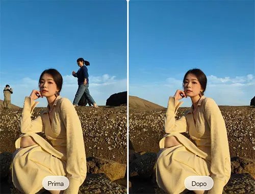 Due foto affiancate mostrano una donna seduta su rocce con cielo azzurro. La prima immagine ha altre persone sullo sfondo.