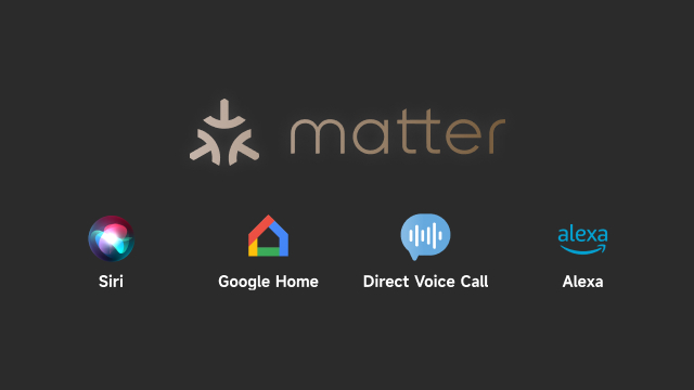 Logo Matter con Siri, Google Home, Direct Voice Call e Alexa su sfondo grigio.