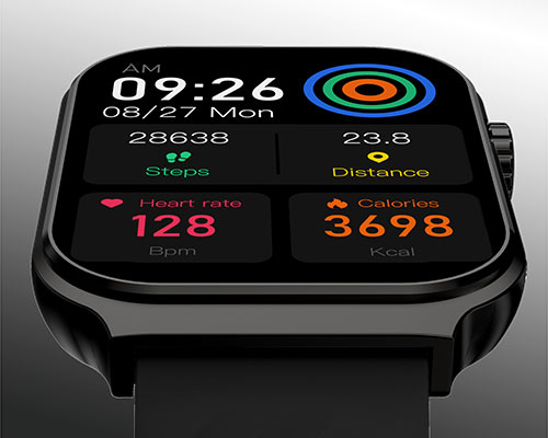 Orologio nero mostra: ora 09:26, data 08/27, passi 28638, distanza 23.8, frequenza cardiaca 128 bpm, calorie 3698.