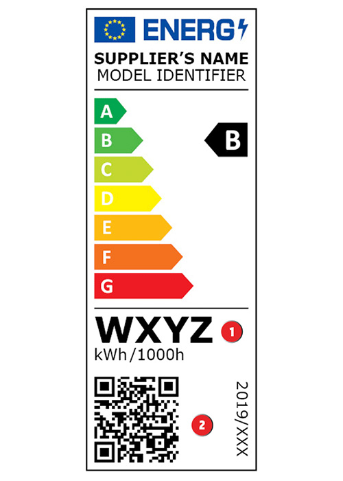 Etichetta energetica con barra colorata da verde ad arancione, classe B, consumo energetico WXYZ kWh/1000h, QR code e data 2019/XXX.
