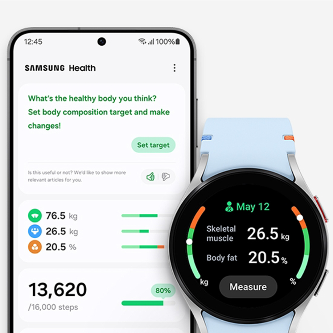 Schermo di smartphone con l'app Samsung Health aperta, accanto a uno smartwatch che mostra la composizione corporea.
