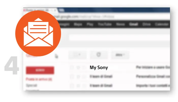Schermata web di Gmail con icona arancione di busta aperta in primo piano e numero 4 a sinistra.