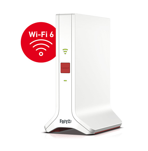 Un router bianco verticale con scritta "Fritz!", un tasto rosso, e un cerchio rosso con scritto "Wi-Fi 6" e simbolo di rete.