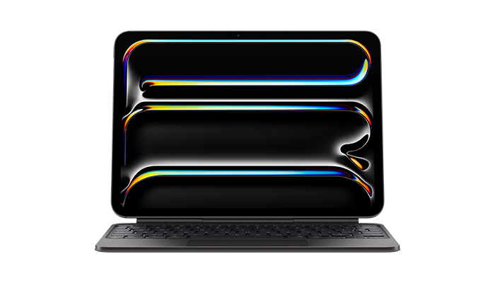 Un tablet nero � appoggiato su una tastiera grigia. Lo schermo mostra tre forme astratte dai colori variopinti.