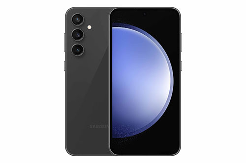 Telefono nero con tre obiettivi sul retro e uno schermo che mostra un cerchio blu.