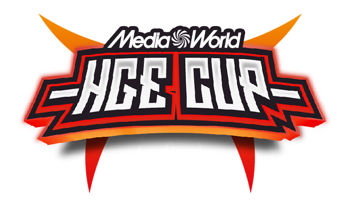 Logo "Media World HGE CUP" con scritte bianche su sfondo nero e bordi rossi, su sfondo bianco.