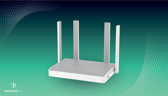 Un router bianco con quattro antenne su sfondo verde sfumato con motivi a punti.
