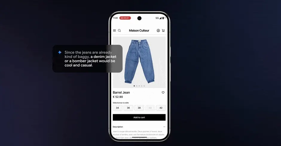 Un telefono mostra un'app di shopping online con jeans blu. Una didascalia suggerisce abbinamenti con giacca di jeans o bomber.