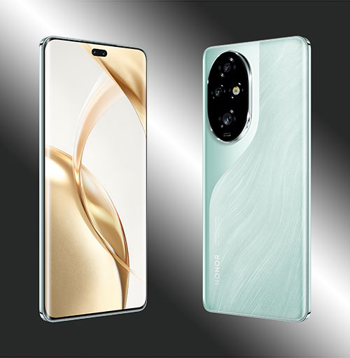 Due smartphone: uno con schermo beige e uno verde acqua con obiettivo nero. Sfondo sfumato grigio e argento.