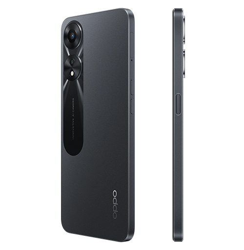 Due telefoni grigi sono esposti su sfondo bianco. Il telefono di sinistra mostra la fotocamera e il marchio "Oppo".