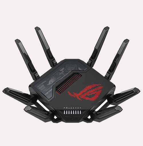 Router nero con otto antenne. Presenta un logo rosso e fessure di ventilazione rosse.