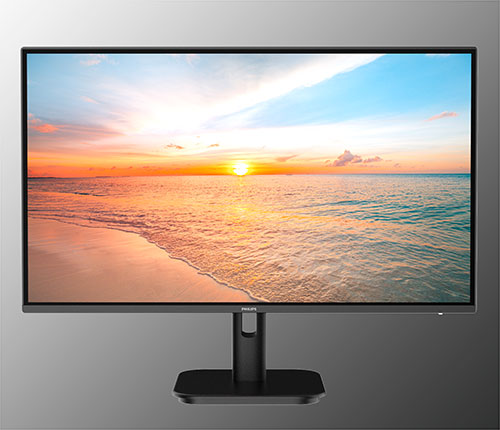Monitor nero su supporto, che mostra un'immagine di spiaggia al tramonto con cielo azzurro.
