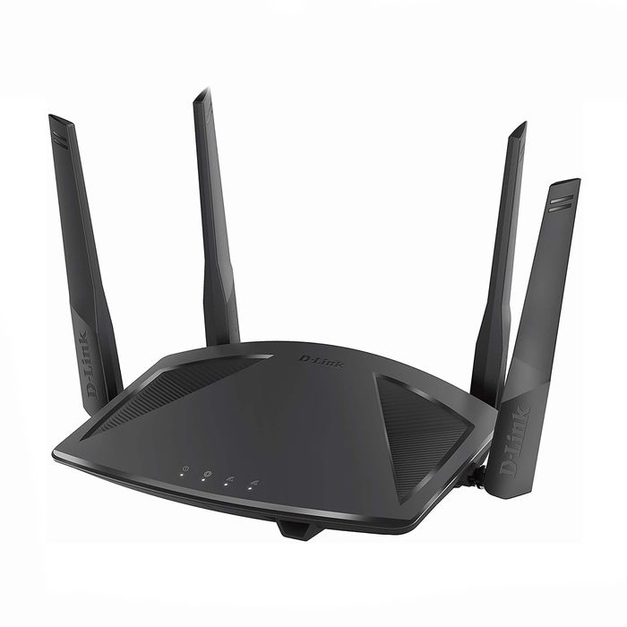 Ecco un router nero D-Link con quattro antenne su sfondo bianco.