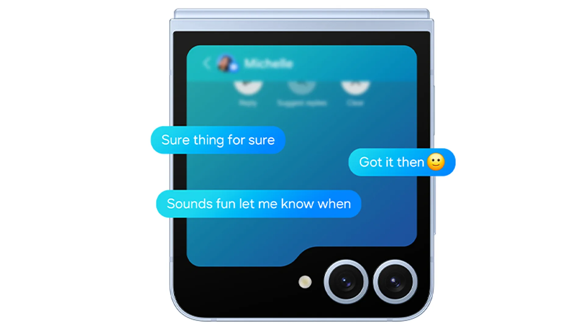 Schermo di smartphone pieghevole con app di messaggistica aperta su sfondo blu. Testi mostrati in fumetti di dialogo. Due fotocamere visibili.