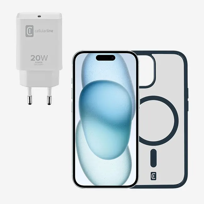 Caricatore bianco da 20W con cavo, smartphone con sfondo blu e custodia trasparente su sfondo bianco.