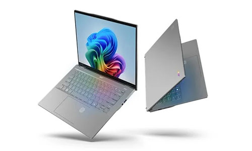 Due computer portatili grigi su sfondo bianco. Uno � aperto con uno schermo colorato, l'altro � semi-chiuso.