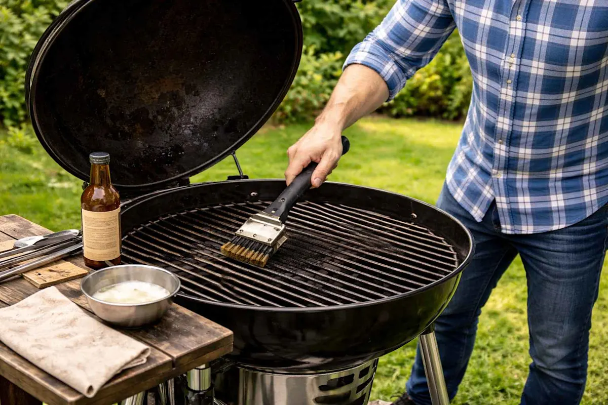 uomo che pulisce la griglia del barbecue