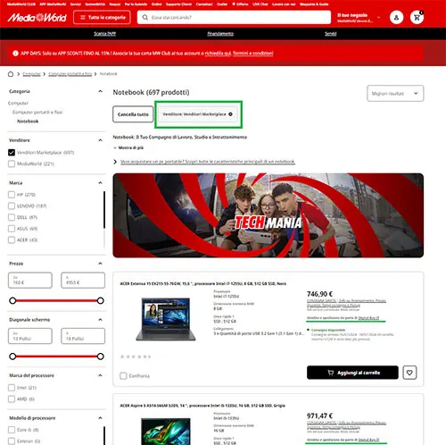 Pagina web Media World con filtri di ricerca notebook, banner Tech Mania e prodotti in vendita.