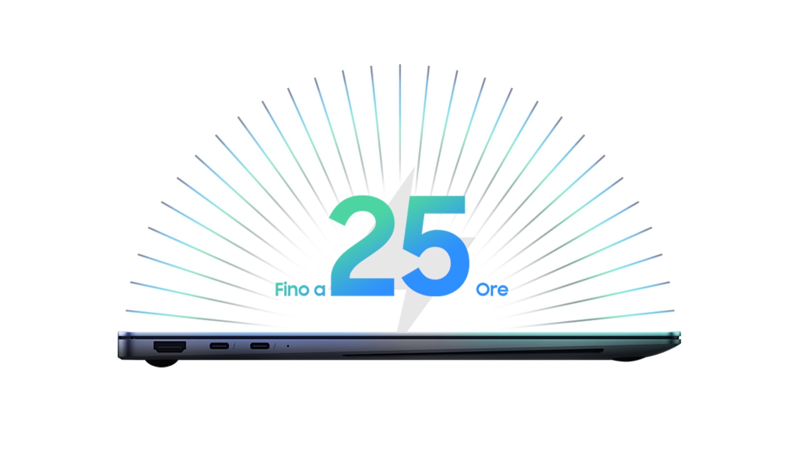 Un portatile grigio scuro chiuso sul lato è mostrato sotto il numero 25 con linee che lo circondano su uno sfondo bianco.