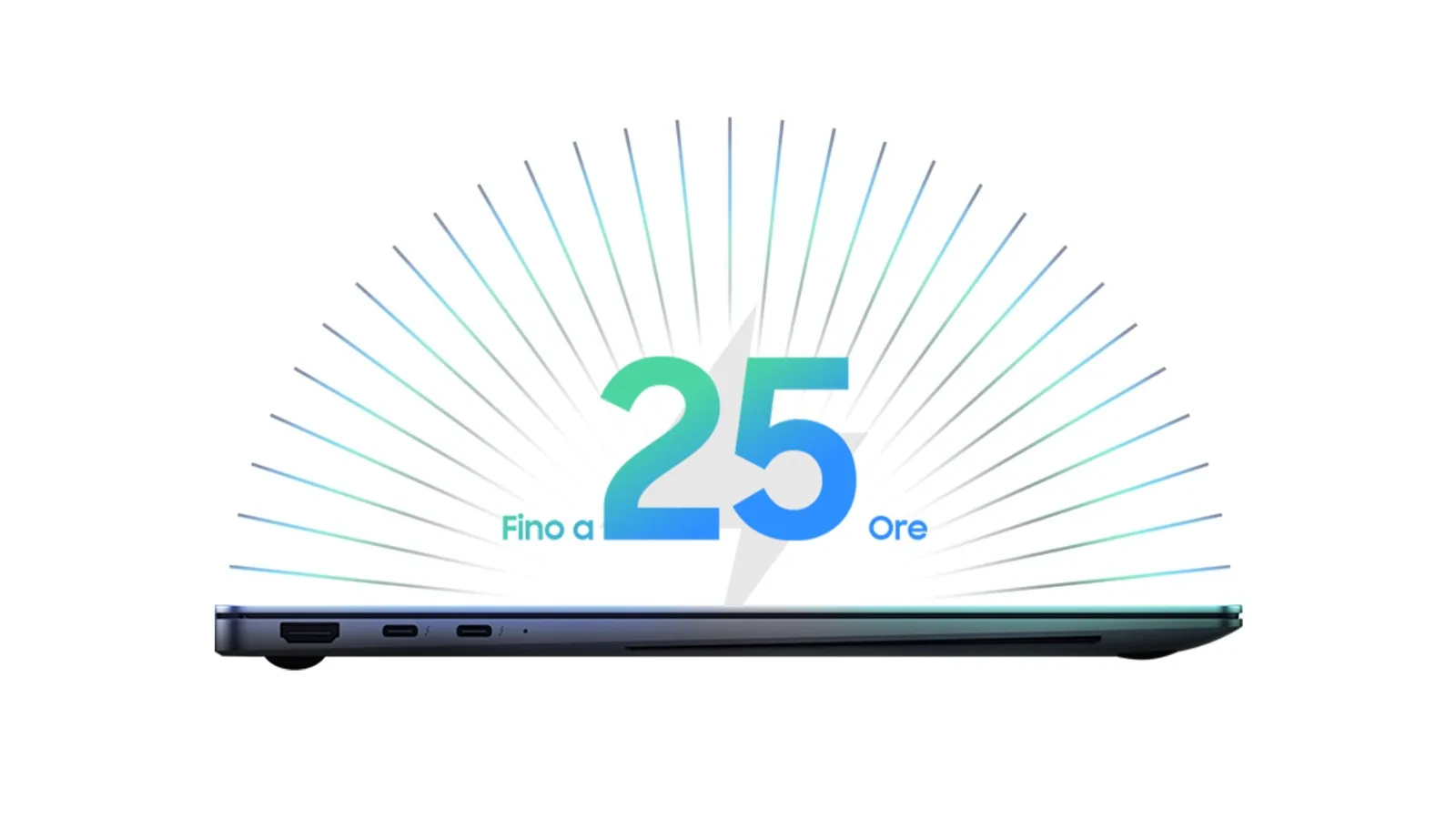 Un portatile grigio scuro chiuso sul lato è mostrato sotto il numero 25 con linee che lo circondano su uno sfondo bianco.