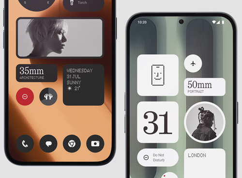 Due smartphone mostrano widget personalizzati. Il telefono a sinistra ha un tema arancione e il telefono a destra ha un tema bianco.