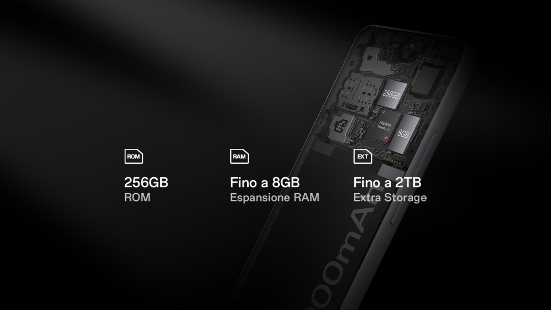 Dettagli tecnici interni di uno smartphone su sfondo nero: 256GB ROM, fino a 8GB RAM espandibile e 2TB di extra storage.