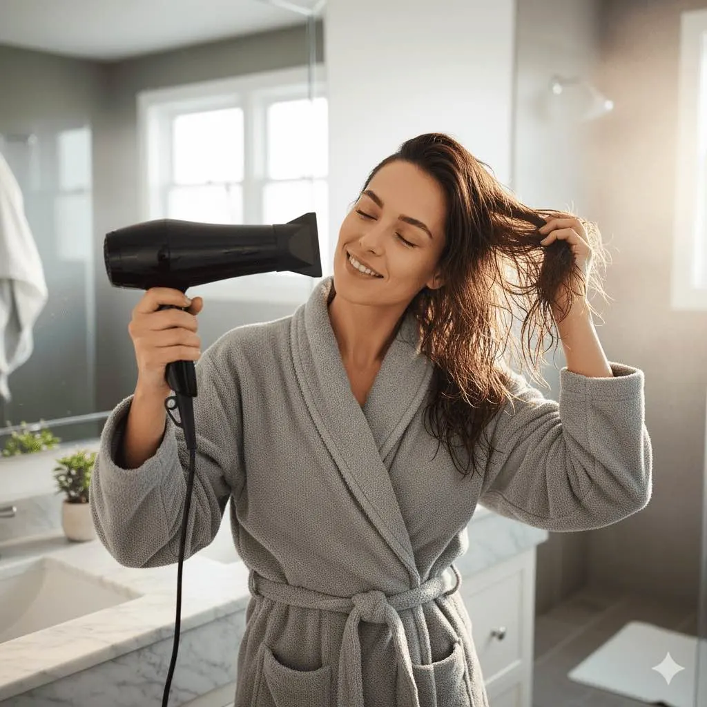 ragazza che si asciuga i capelli lisci