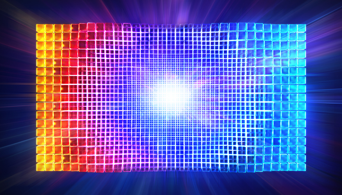 Griglia rettangolare con quadrati colorati che sfumano da giallo e rosso a blu, convergendo verso un punto luminoso centrale.