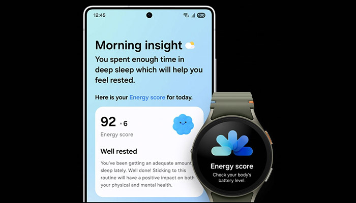 Smartphone con schermata "Morning Insight" e smartwatch che mostra il livello di energia.