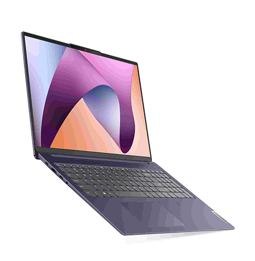 Un laptop aperto mostra uno schermo con un motivo astratto viola e arancione su sfondo bianco. La tastiera � visibile.