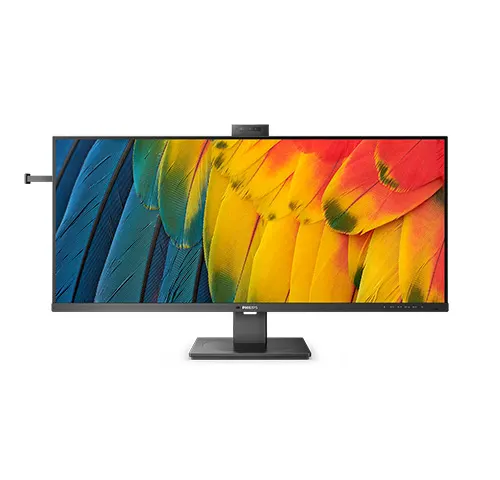 Monitor nero con schermo che mostra piume colorate: blu, giallo e rosso. Base quadrata. Cuffie sul lato sinistro.