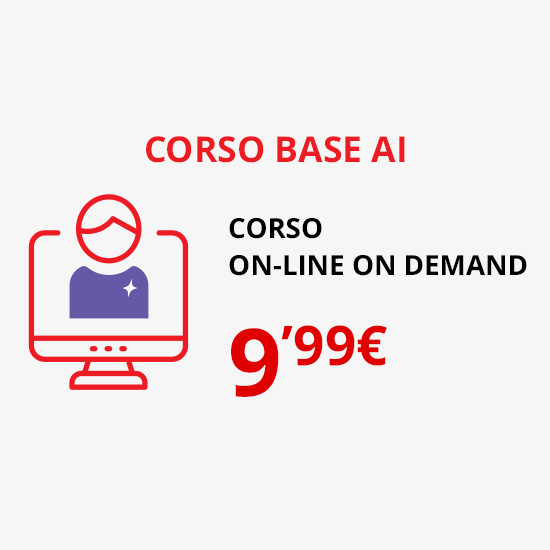 Corso online "Corso Base AI" su sfondo bianco. Grafica di schermo con figura stilizzata e prezzo di 9,99€.