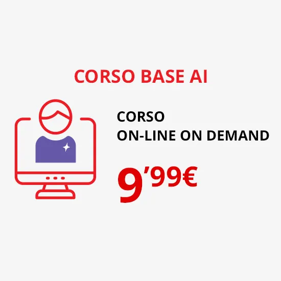 Corso online "Corso Base AI" su sfondo bianco. Grafica di schermo con figura stilizzata e prezzo di 9,99€.