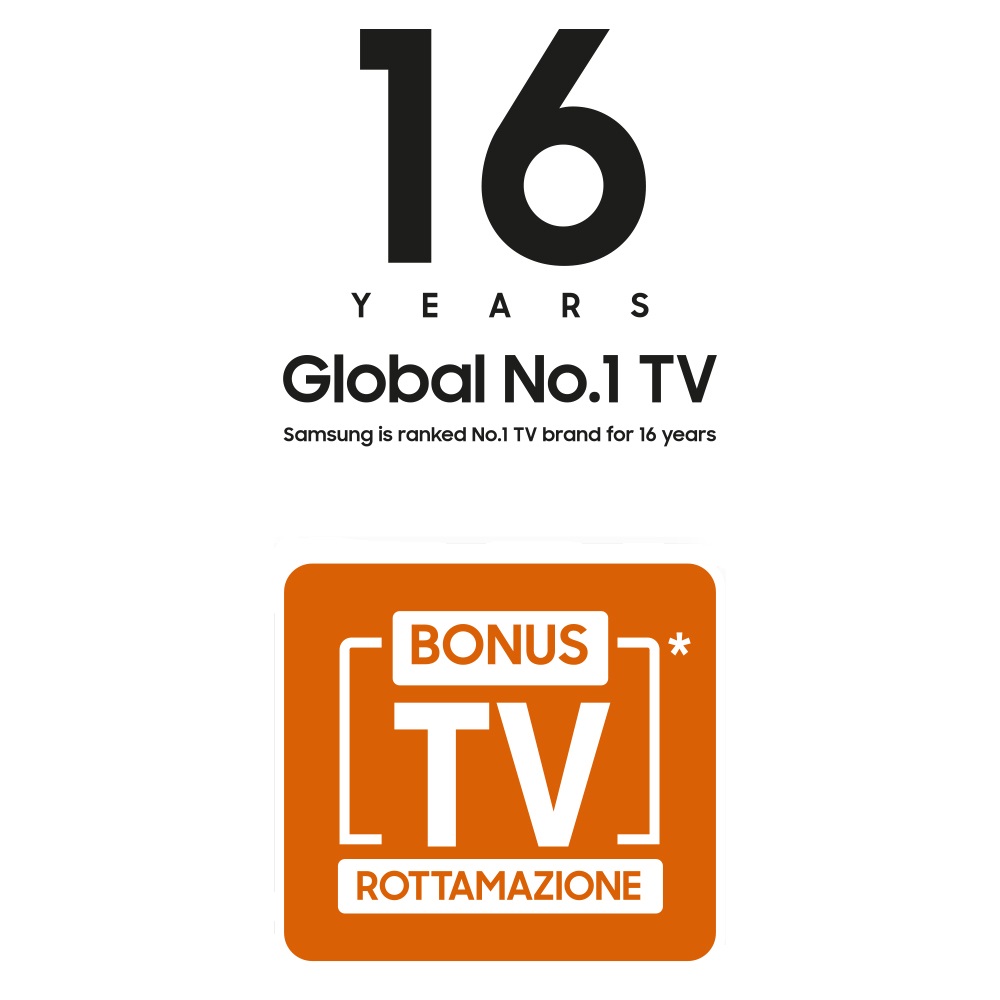 Logo promozionale per TV Samsung: "16 anni Global No.1 TV". In evidenza, "Bonus TV Rottamazione" su sfondo arancione.