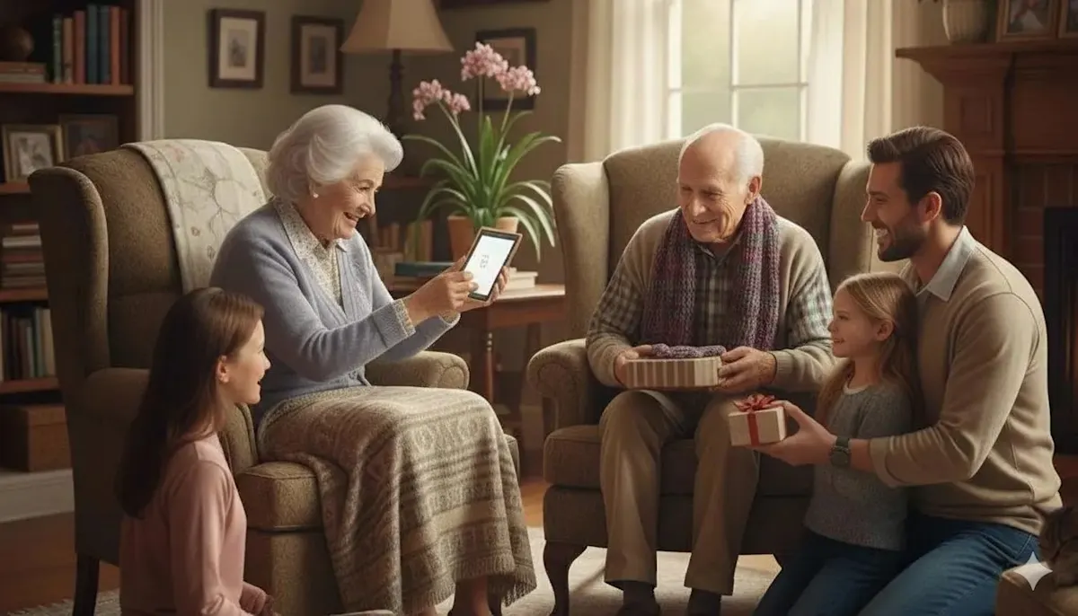 Due anziani sorridono, dinanzi ai nipoti