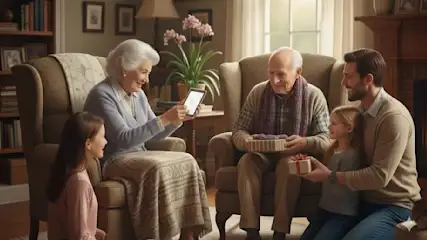 Due anziani sorridono, dinanzi ai nipoti