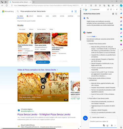 Schermata di un browser web che mostra risultati di ricerca per pizza senza lievito e una chat con Copilot.
