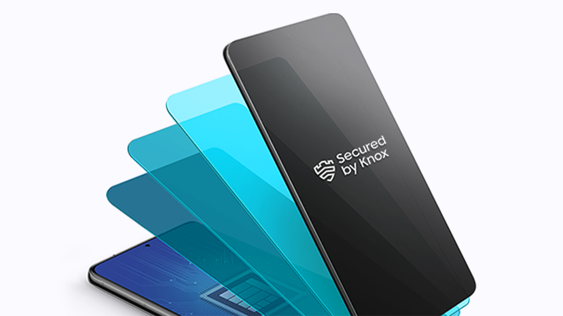 Uno smartphone con pellicole protettive blu e nera, con logo "Secured by Knox".