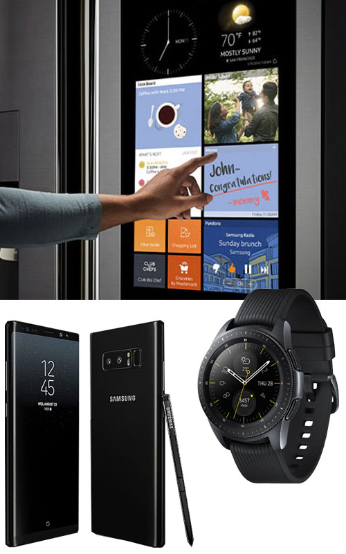 Ecco un frigo con schermo touch, due telefoni Samsung, una penna e uno smartwatch.