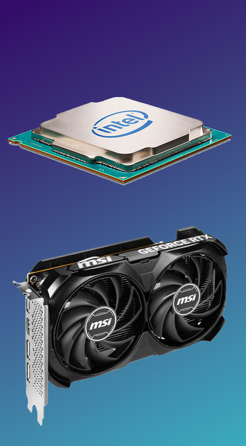 CPU Intel argentato su base verde, e scheda video MSI nera su sfondo blu.