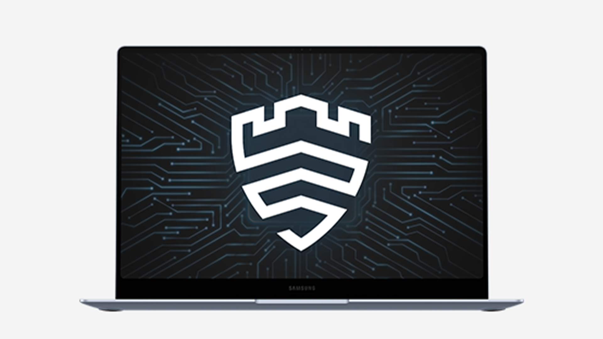 Un portatile aperto mostra uno scudo bianco su uno sfondo nero con un motivo a circuito blu. Lo schermo � incorniciato da un sottile bordo.