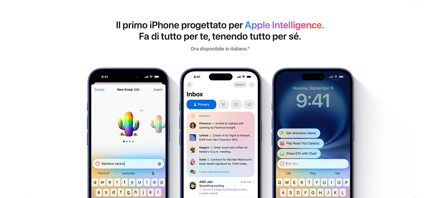 Tre telefoni mostrano emoji, una casella di posta e la schermata Home di iPhone con tastiere.