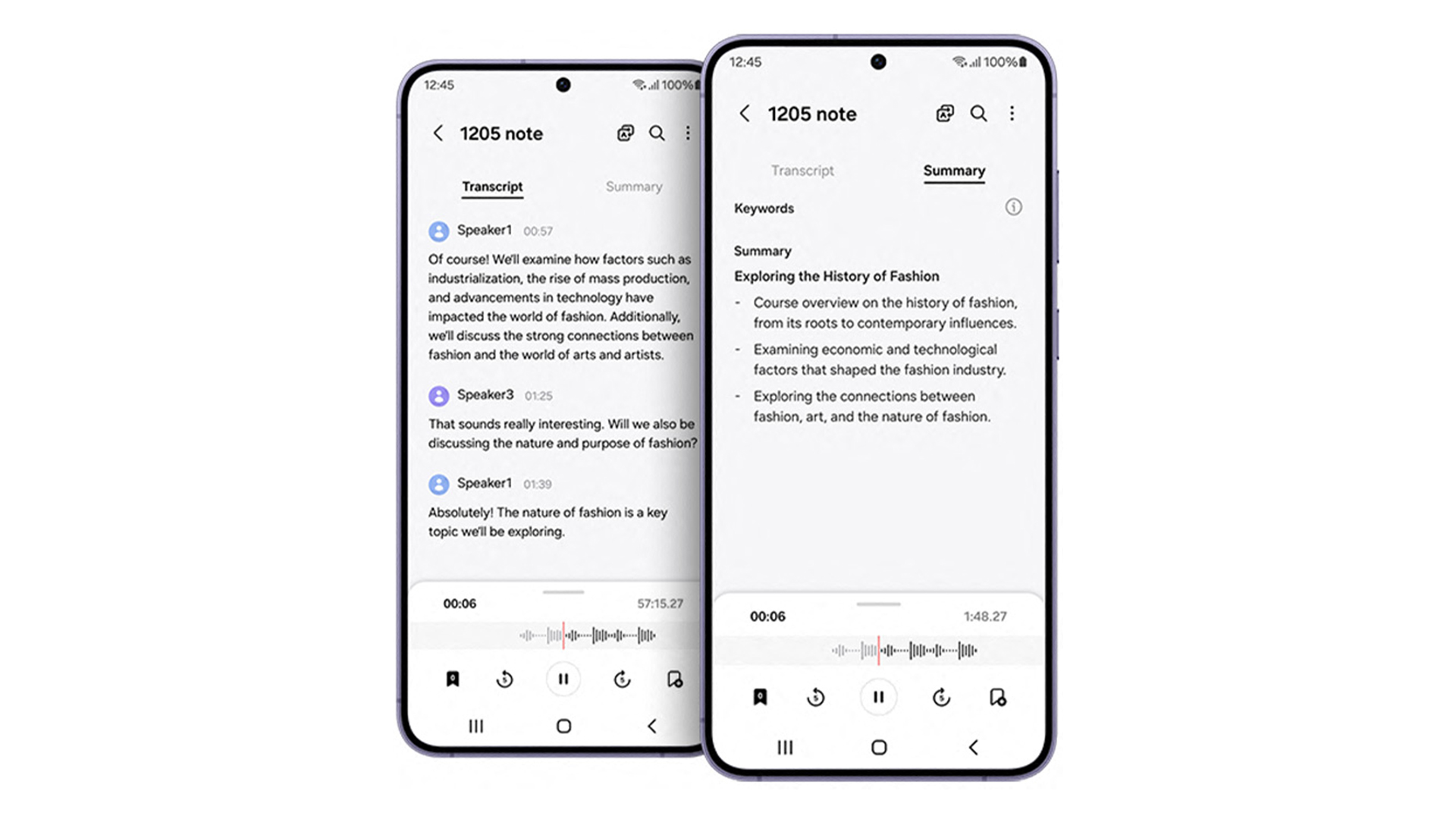 Due smartphone affiancati mostrano un'app di trascrizione e riepilogo di conversazioni. Una schermata visualizza la trascrizione, l'altra un riepilogo.